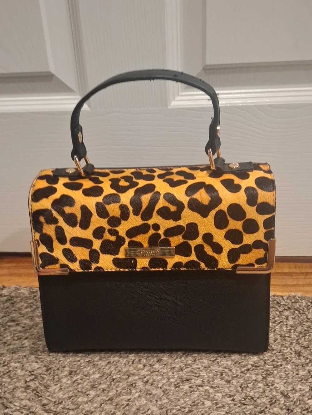Top-Handle Leopard Print and Black Satchel w/Detachable Long Strap